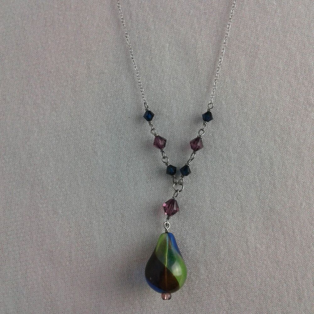 Sterling hand blown art glass tear drop swirl pendant necklace  blue green purpl